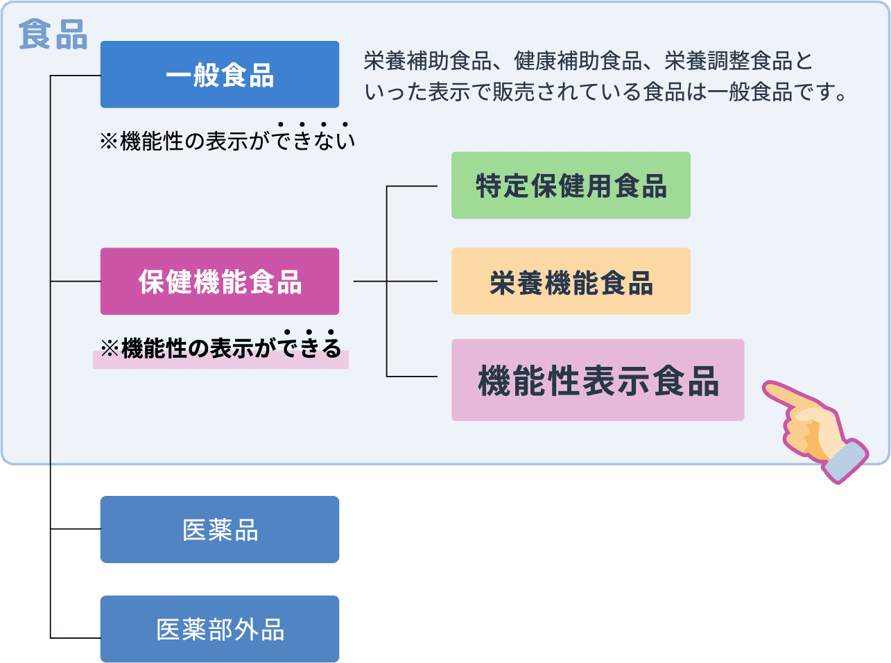 栄養補助食品、健康補助食品、栄養調整食品といった表示で販売されている食品は一般食品です。一般食品…機能性の表示ができない 保健機能食品…機能性の表示ができる